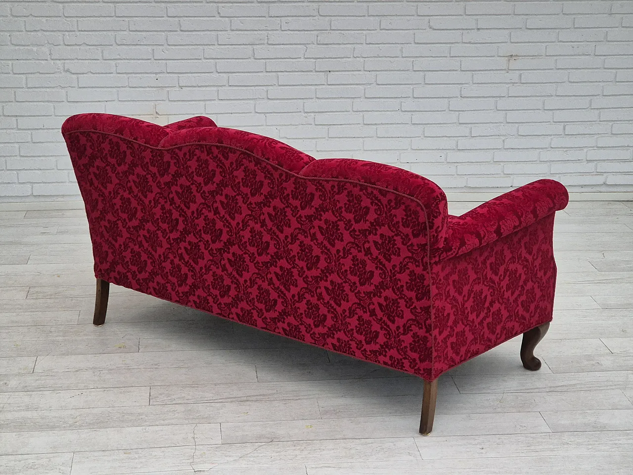 Danish 3-seater sofa, cherry-red velour and beech wood, 1950s 11