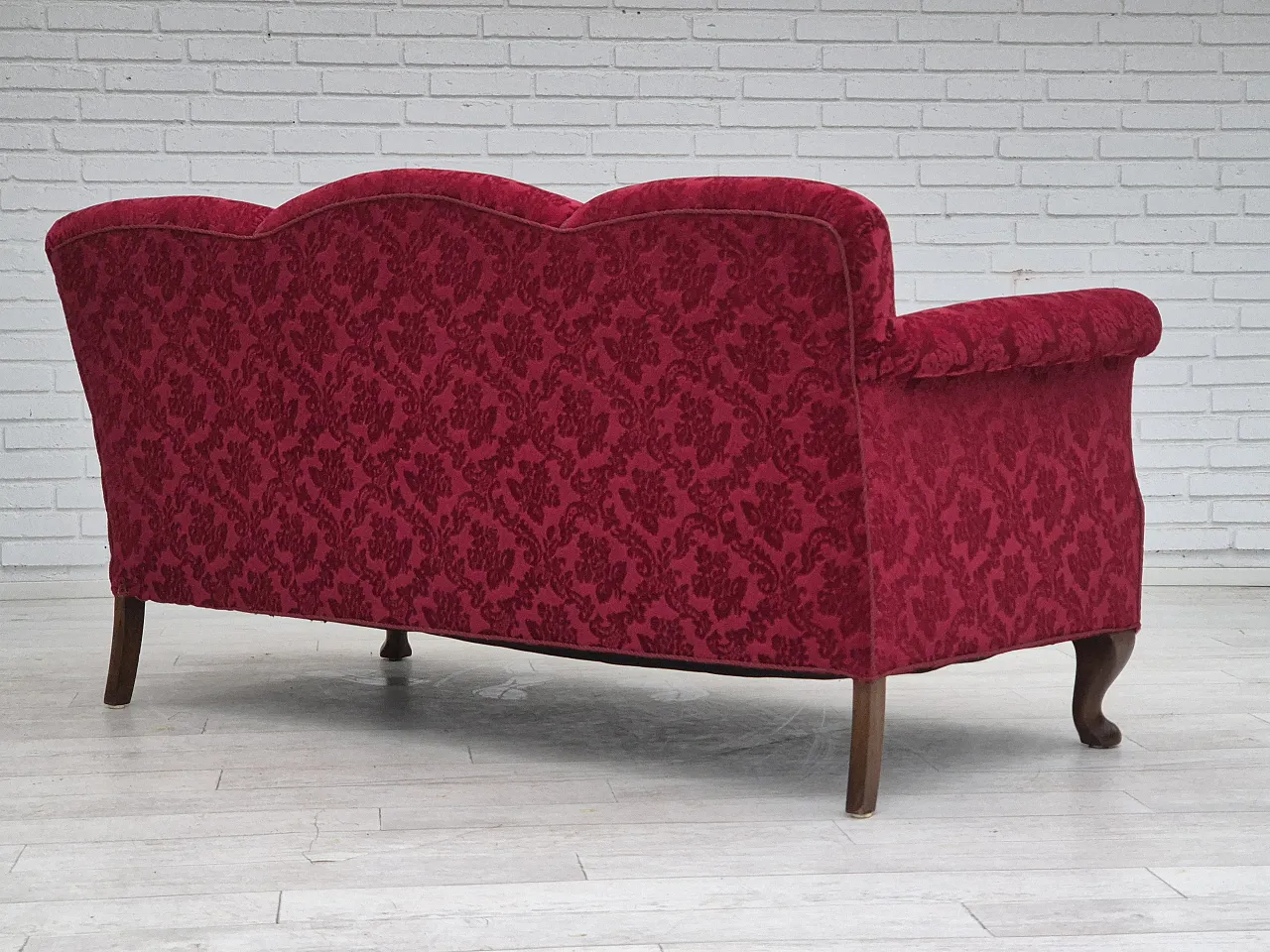 Danish 3-seater sofa, cherry-red velour and beech wood, 1950s 12