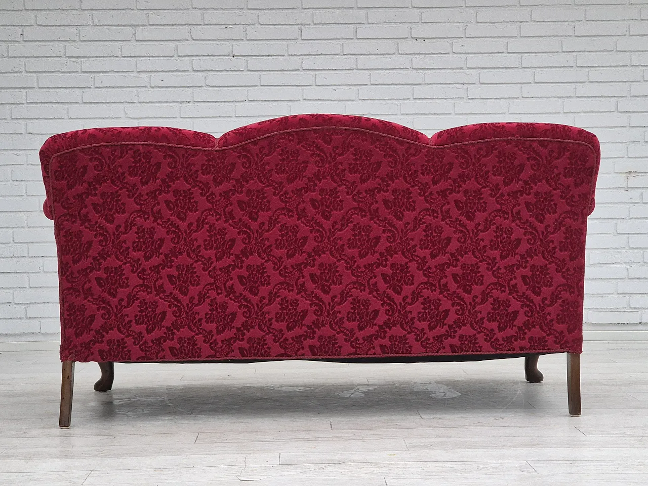 Danish 3-seater sofa, cherry-red velour and beech wood, 1950s 13