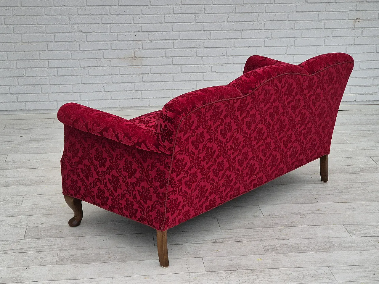 Danish 3-seater sofa, cherry-red velour and beech wood, 1950s 14