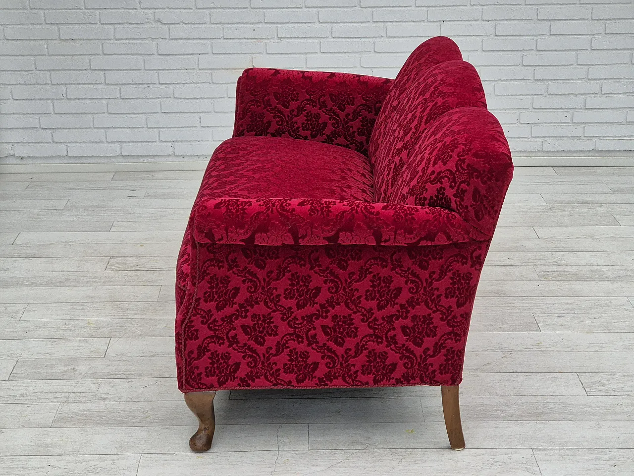 Danish 3-seater sofa, cherry-red velour and beech wood, 1950s 15