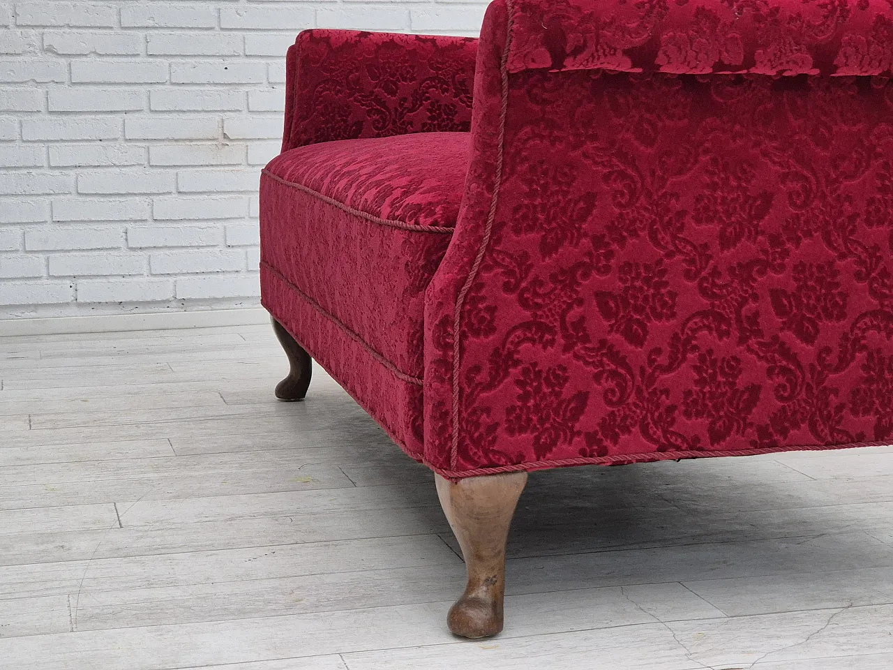 Danish 3-seater sofa, cherry-red velour and beech wood, 1950s 17