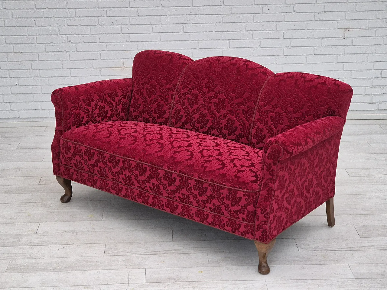 Danish 3-seater sofa, cherry-red velour and beech wood, 1950s 19