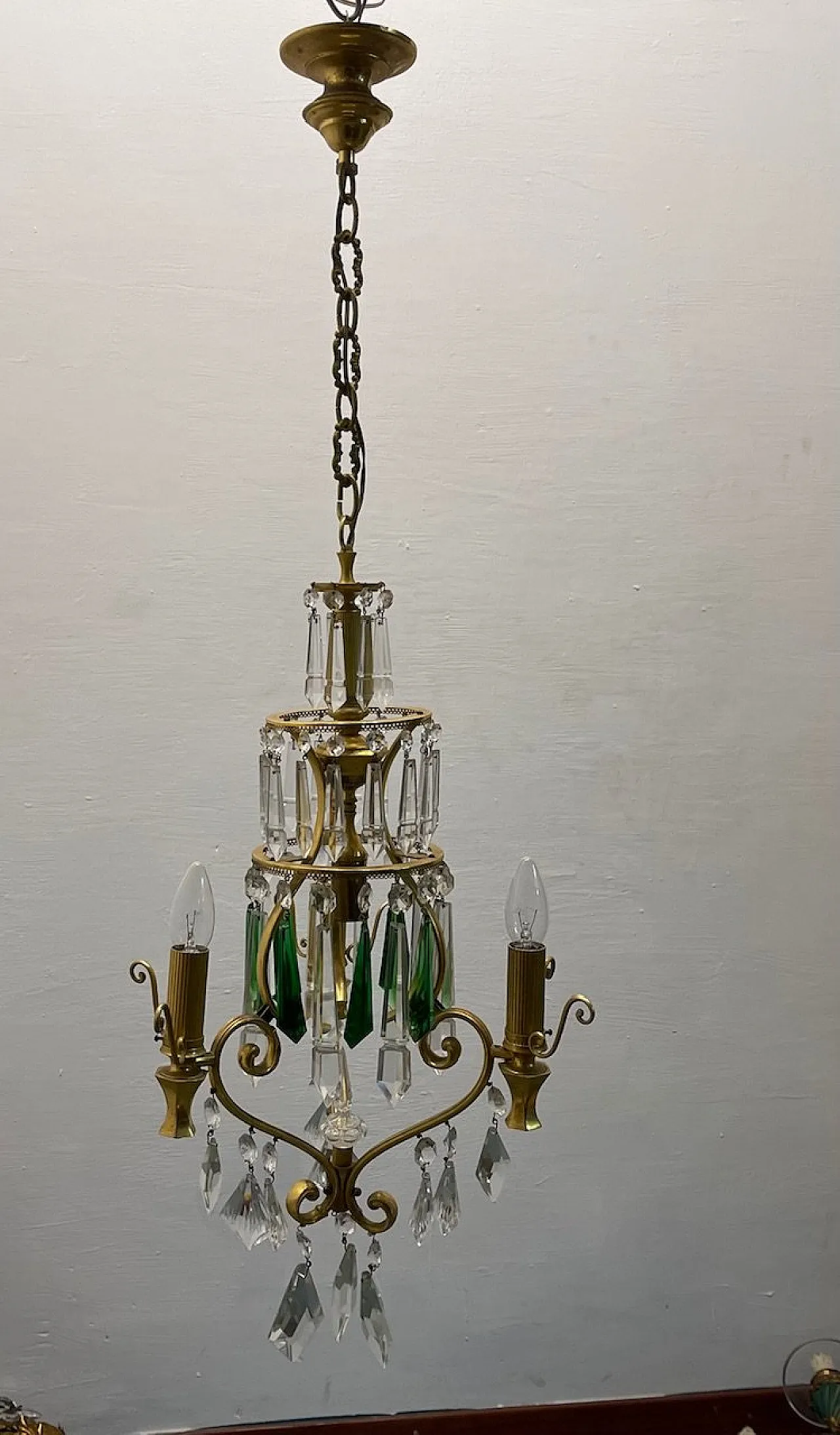 Lampadario in ottone e cristallo verde, anni '60 6