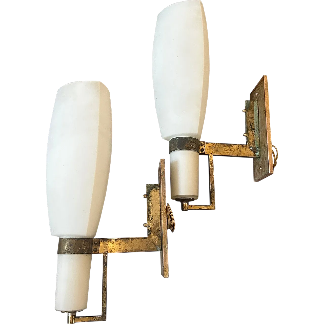 Pair of wall lamps by Bruno Gatta in brass and glass, 1950s 18