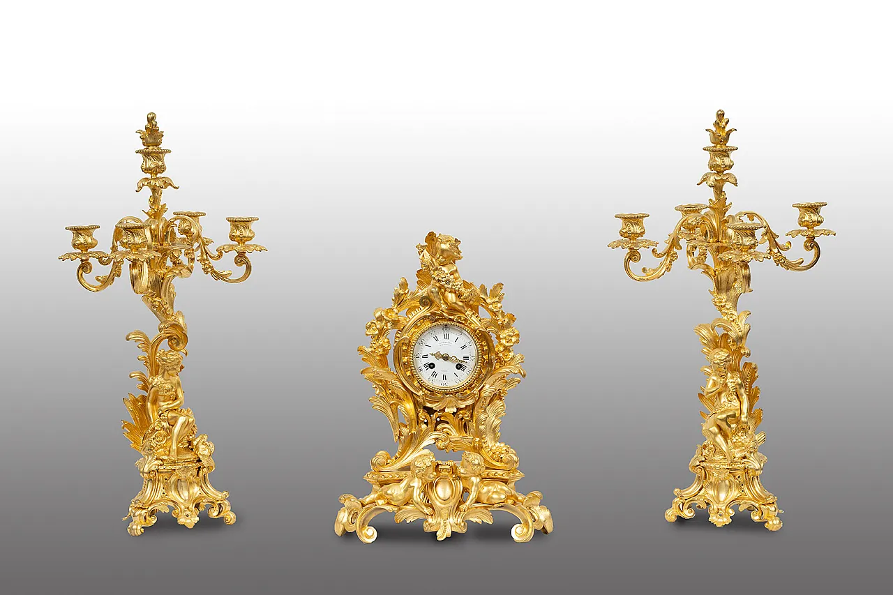 Triptych of Napoleon III French clock in golden bronze, 20th century 1