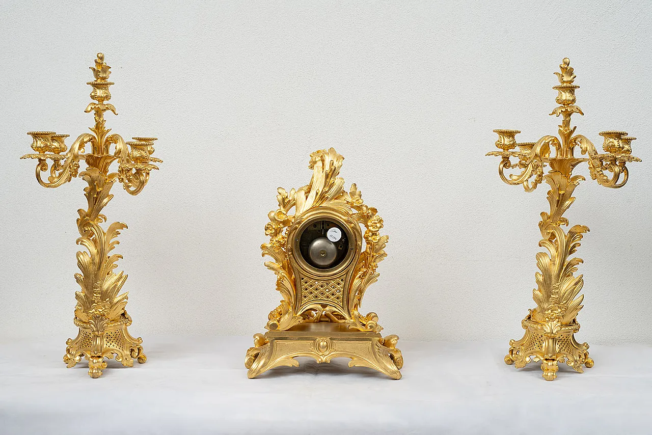 Triptych of Napoleon III French clock in golden bronze, 20th century 6