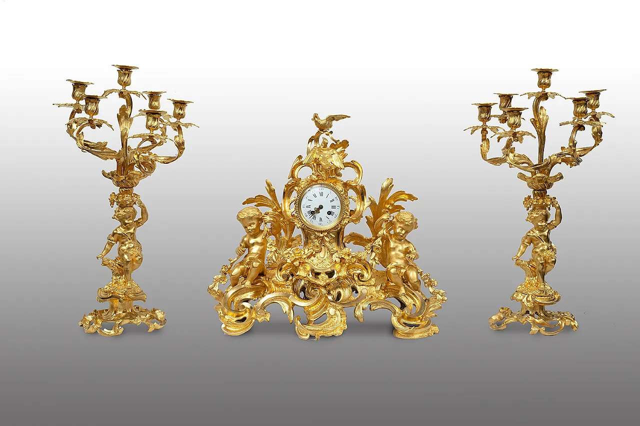 Triptych of Napoleon III French clock in golden bronze, '800 1