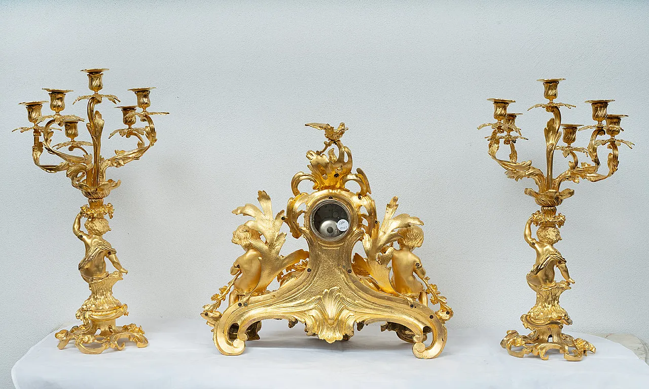 Triptych of Napoleon III French clock in golden bronze, '800 7