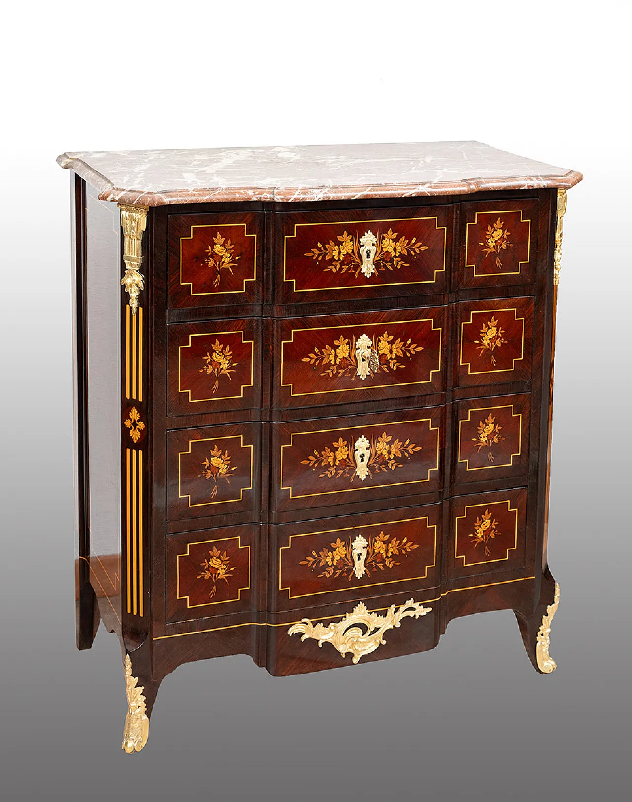 Chest of drawers Napoleon III polychrome woods with red marble, '800 1