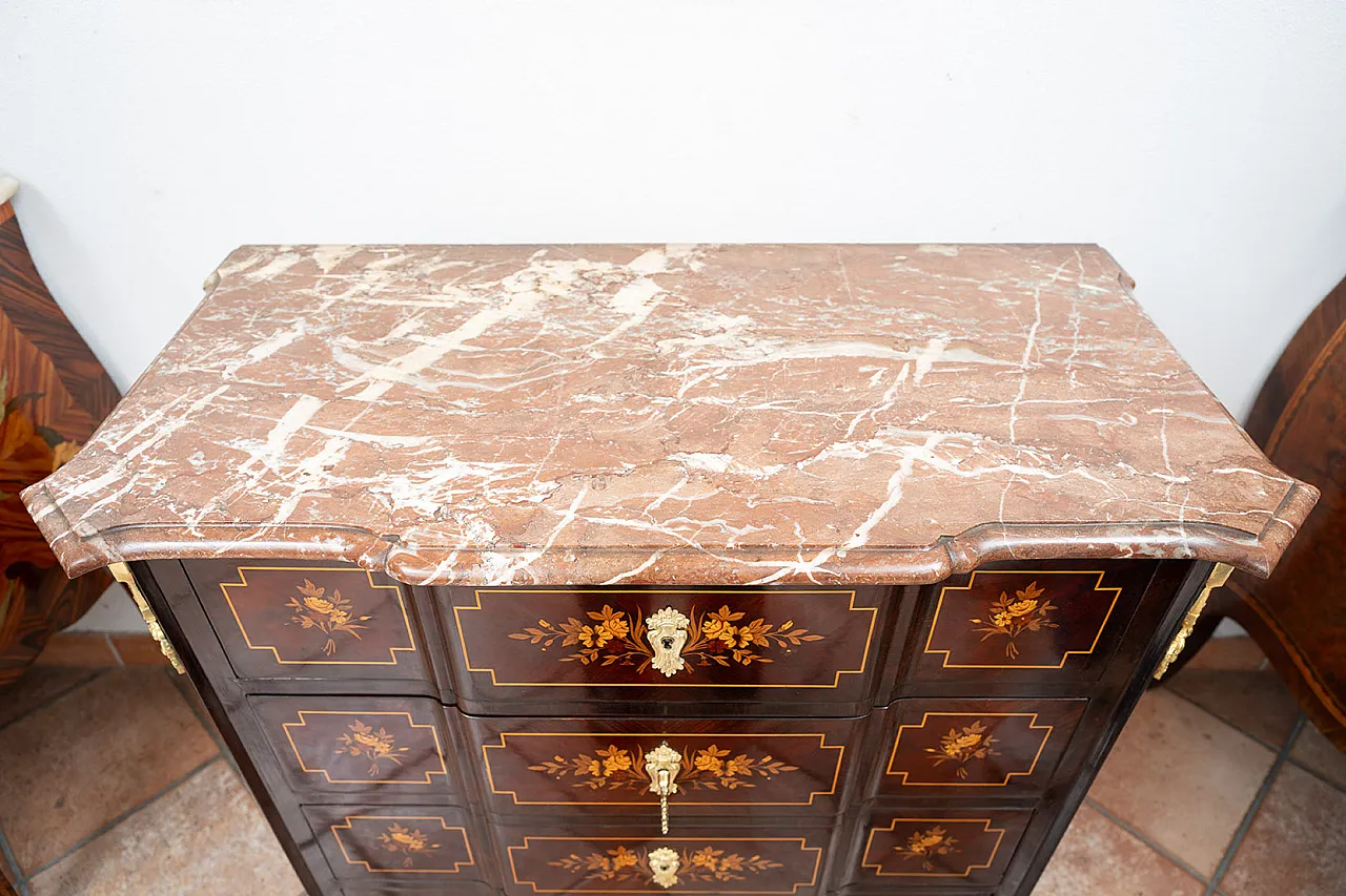 Chest of drawers Napoleon III polychrome woods with red marble, '800 3