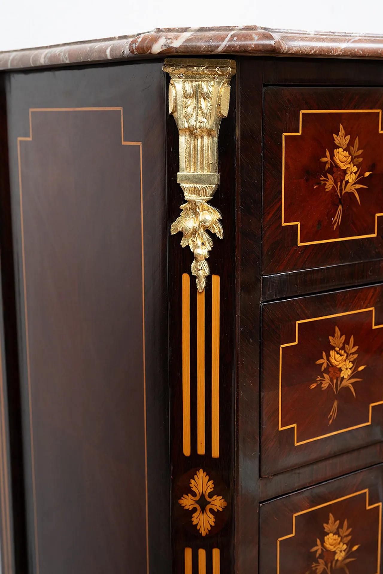 Chest of drawers Napoleon III polychrome woods with red marble, '800 5