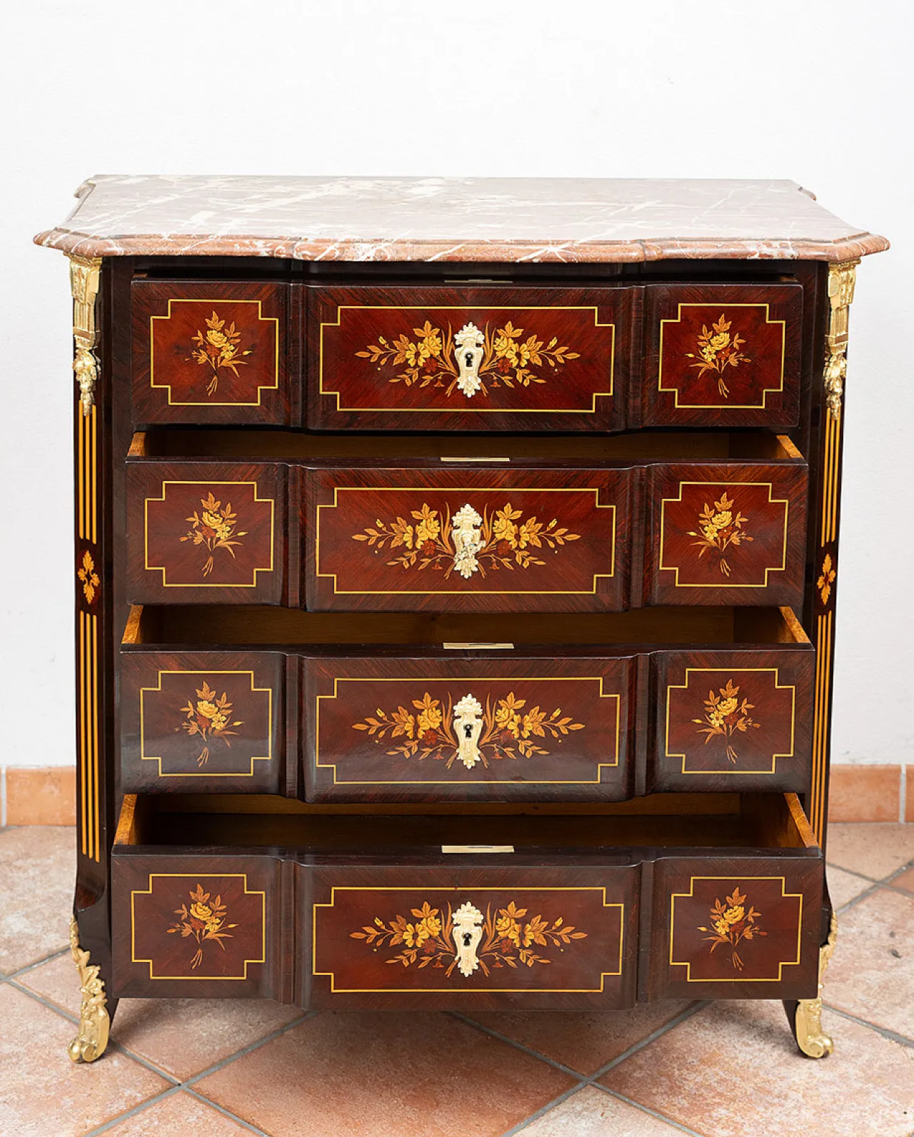 Chest of drawers Napoleon III polychrome woods with red marble, '800 7