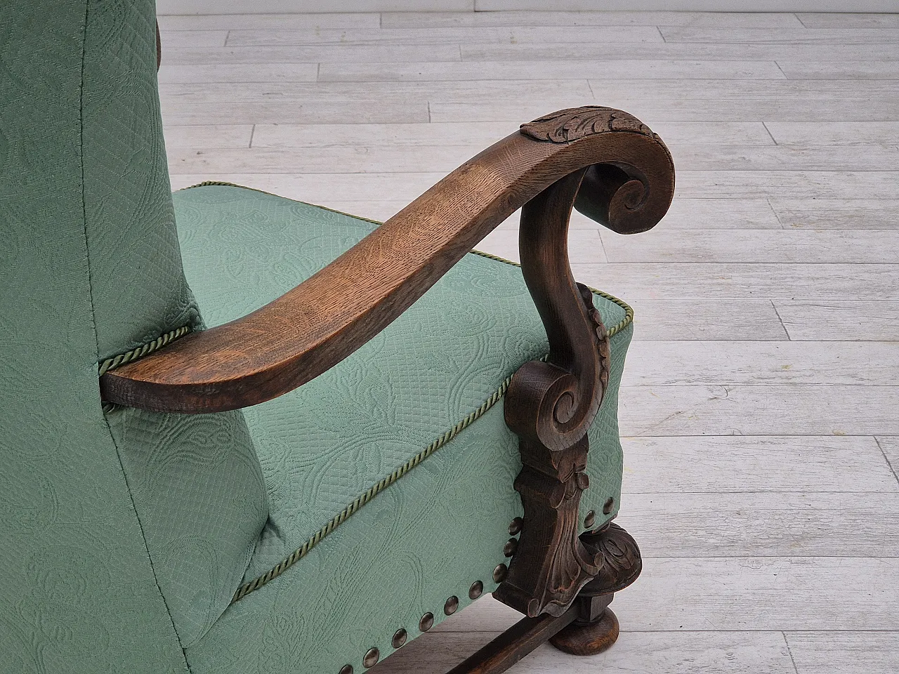 Reupholstered Danish armchair, light green, 50s, 10