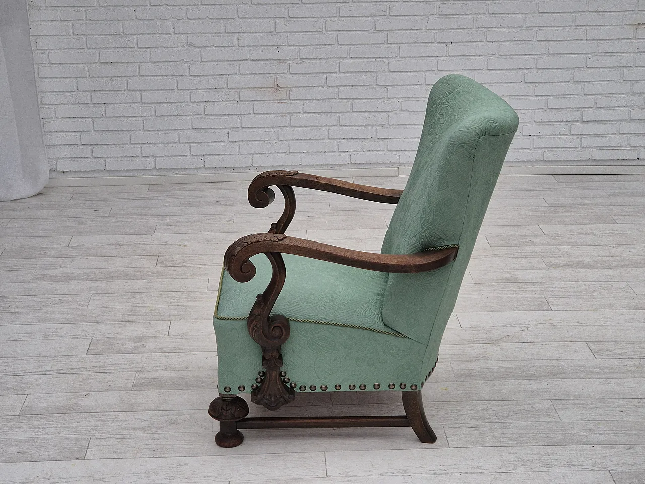 Reupholstered Danish armchair, light green, 50s, 13