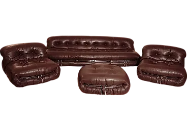 Set Soriana per Cassina divano, due poltrone ed pouf pelle, anni '70