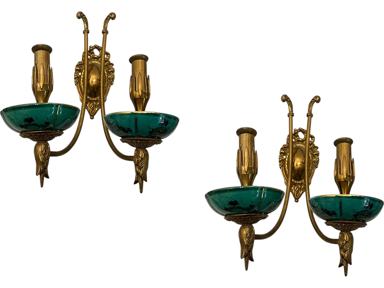 Pair of brass ceramic sconces, early 20th century 7