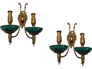 Pair of brass ceramic sconces, early 20th century