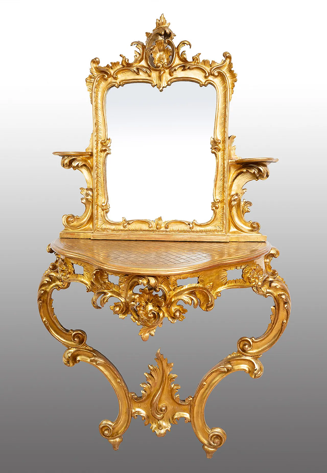 Console with mirror Luigi Filippo Neapolitan in golden wood, '800 1