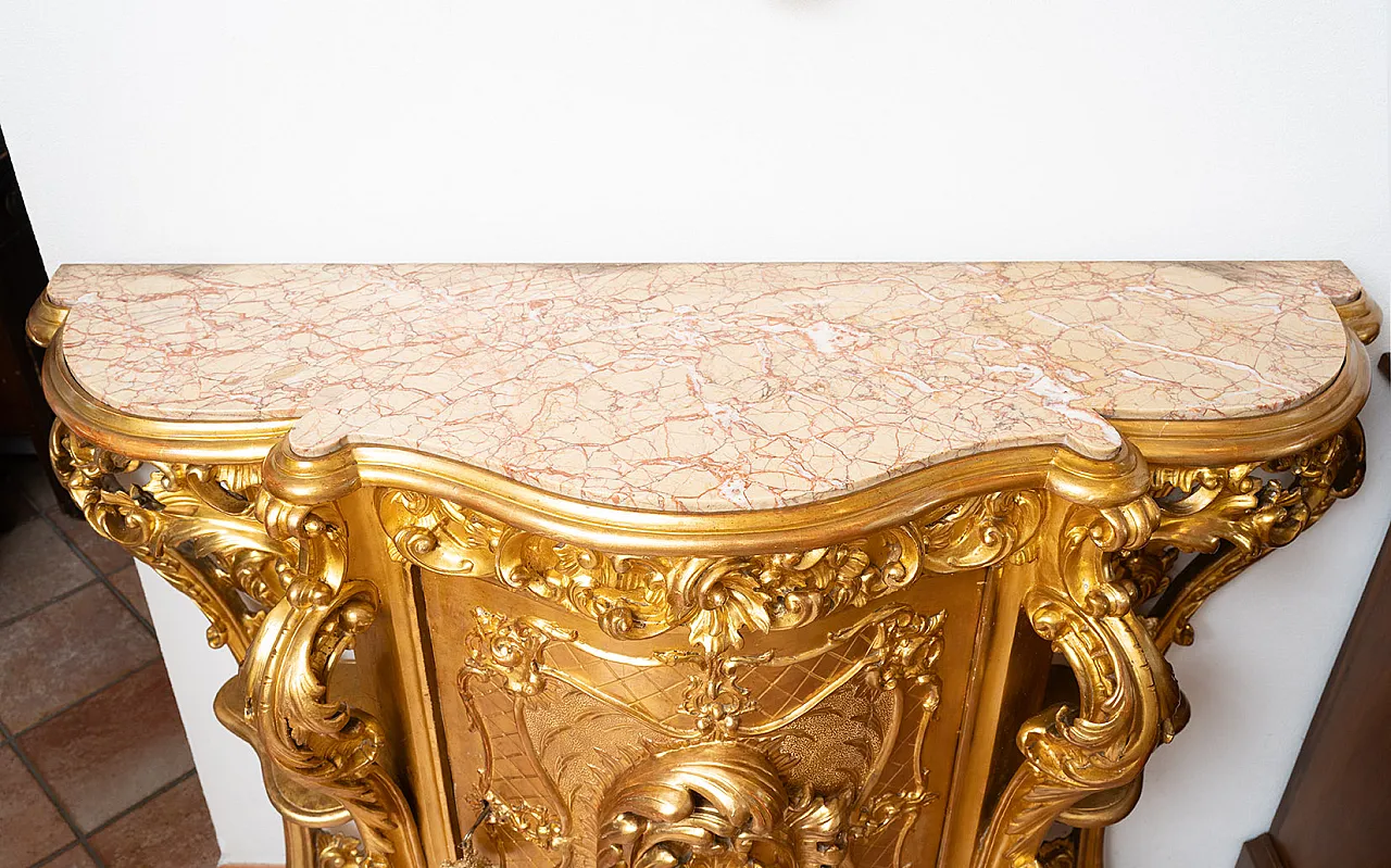 Louis Philippe Neapolitan console in carved and gilded wood, 19th c. 4