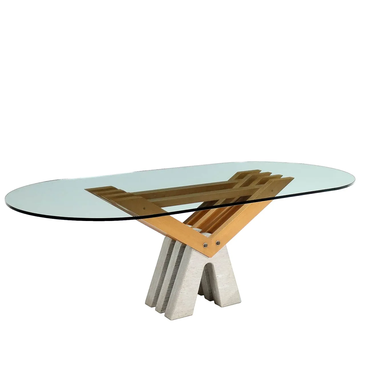 Oval brutalist table in granite, wood and glass, 2000s 1