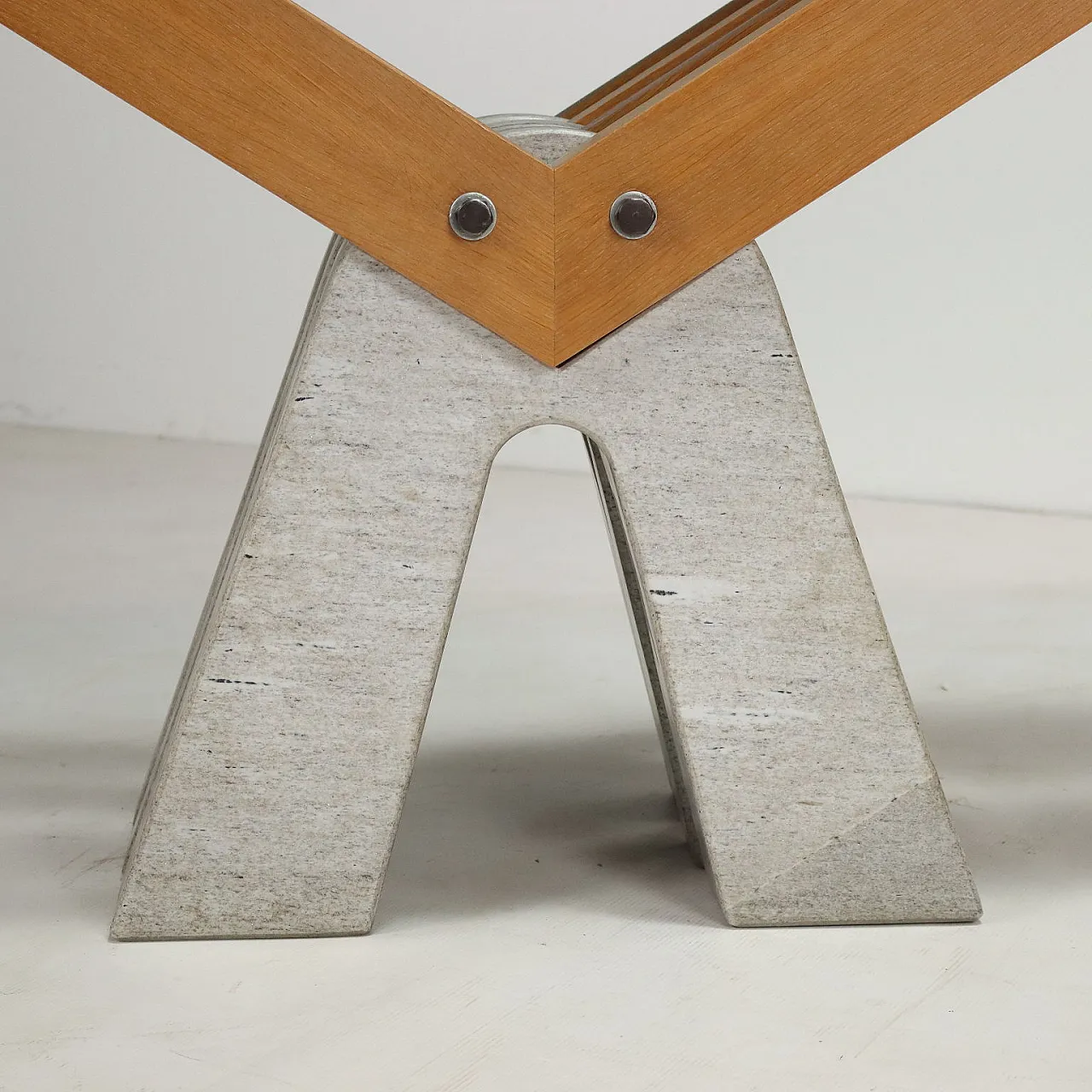 Oval brutalist table in granite, wood and glass, 2000s 3