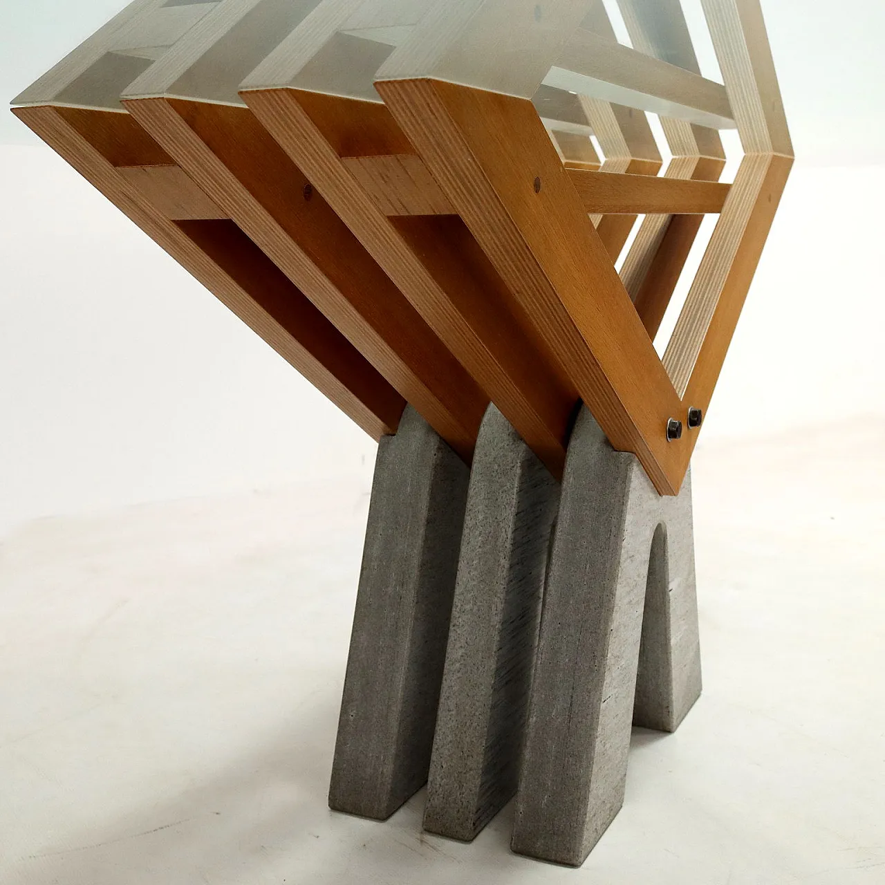 Oval brutalist table in granite, wood and glass, 2000s 7