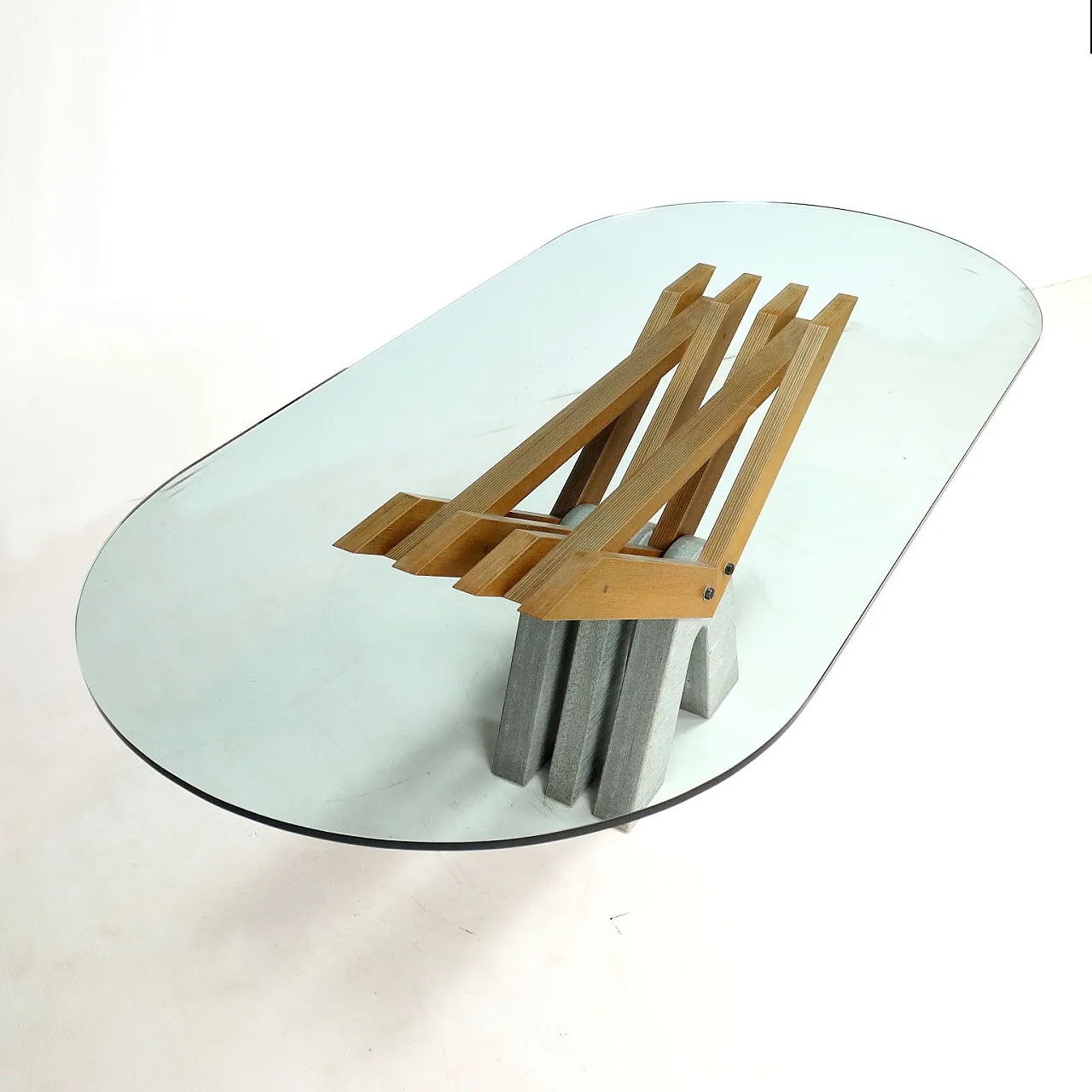 Oval brutalist table in granite, wood and glass, 2000s 9