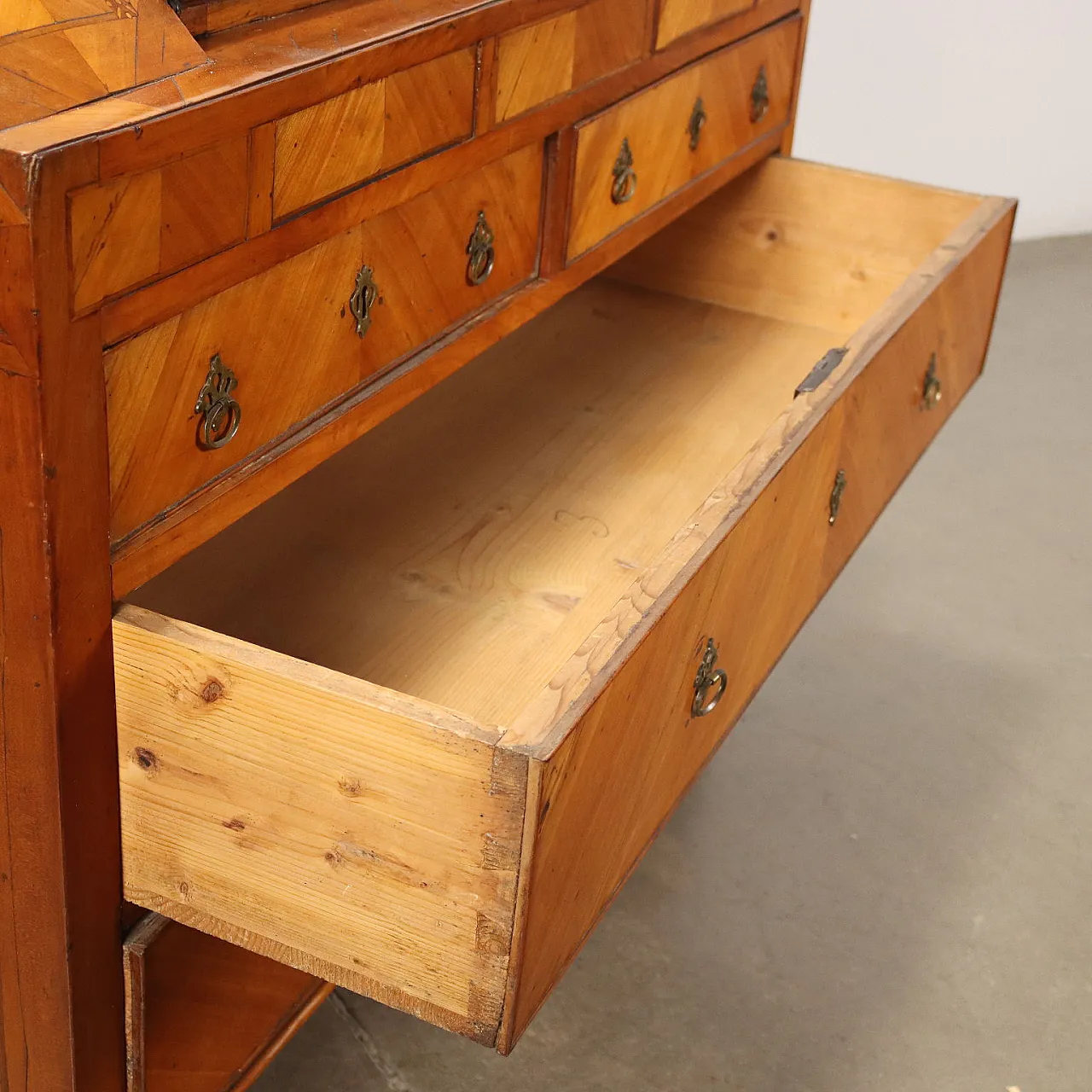 Neoclassical cherry wood panelled flap desk with inlays, late 18th century 9