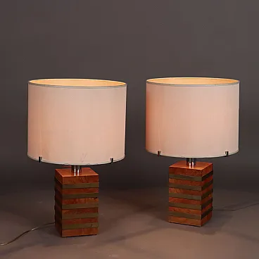 Pair of table lamps in brass, briarwood and fabric, 1970s