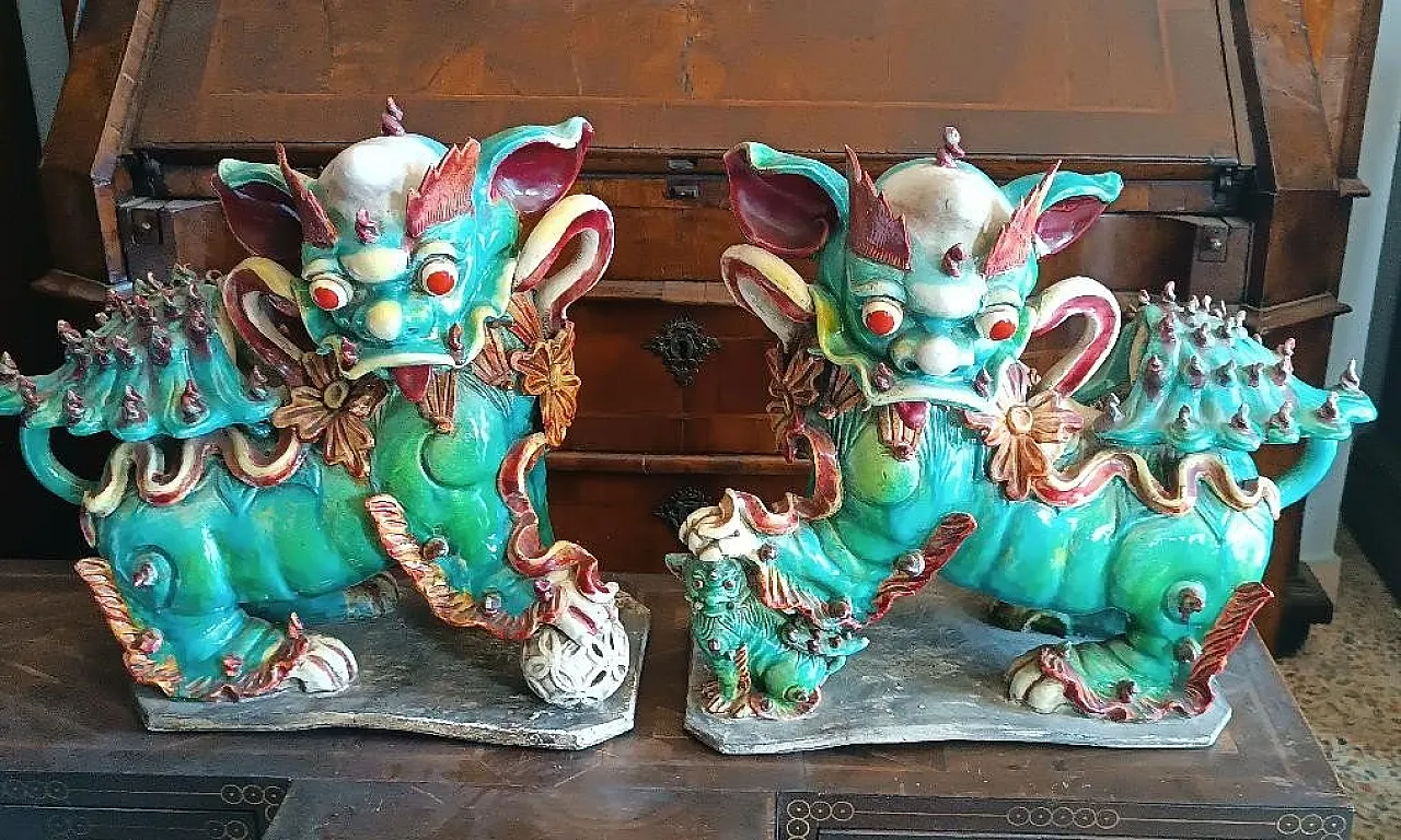 Pair of Pho dogs in polychrome glazed ceramic, 19th century 1