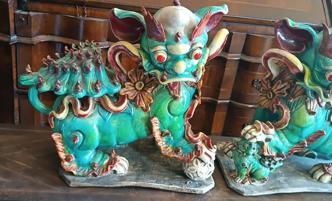 Pair of Pho dogs in polychrome glazed ceramic, 19th century 3