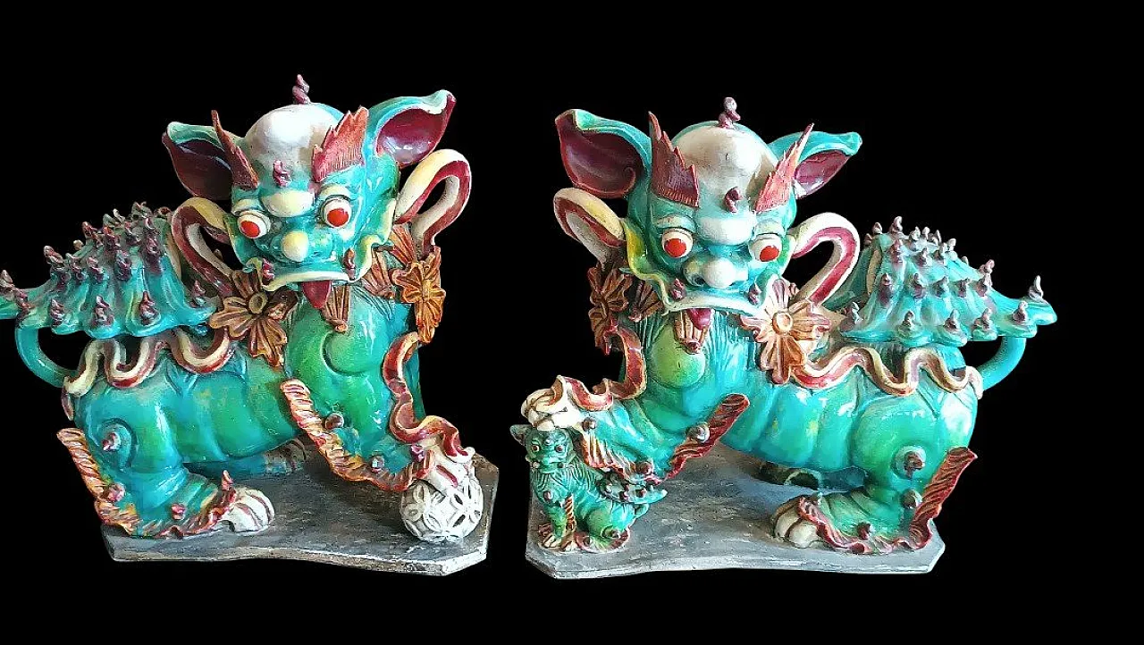 Pair of Pho dogs in polychrome glazed ceramic, 19th century 5