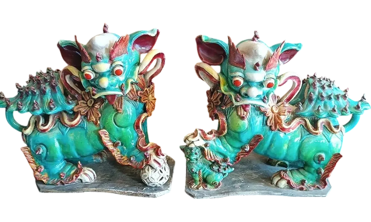 Pair of Pho dogs in polychrome glazed ceramic, 19th century 13