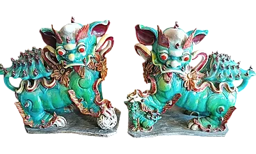 Pair of Pho dogs in polychrome glazed ceramic, 19th century