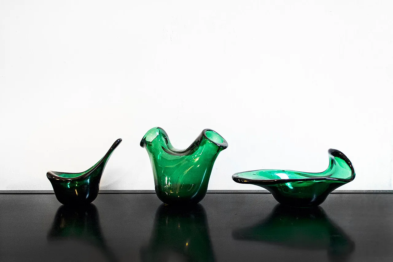 Three Sculptural Vases in Green Glass from Empoli, 1960s 1