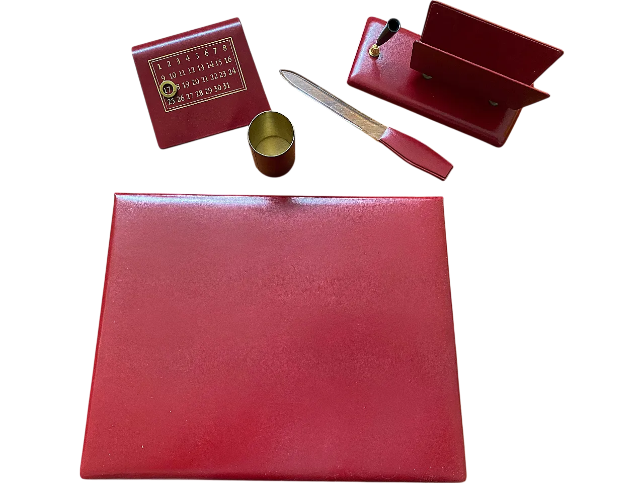 Red leather desk set, 60s 6