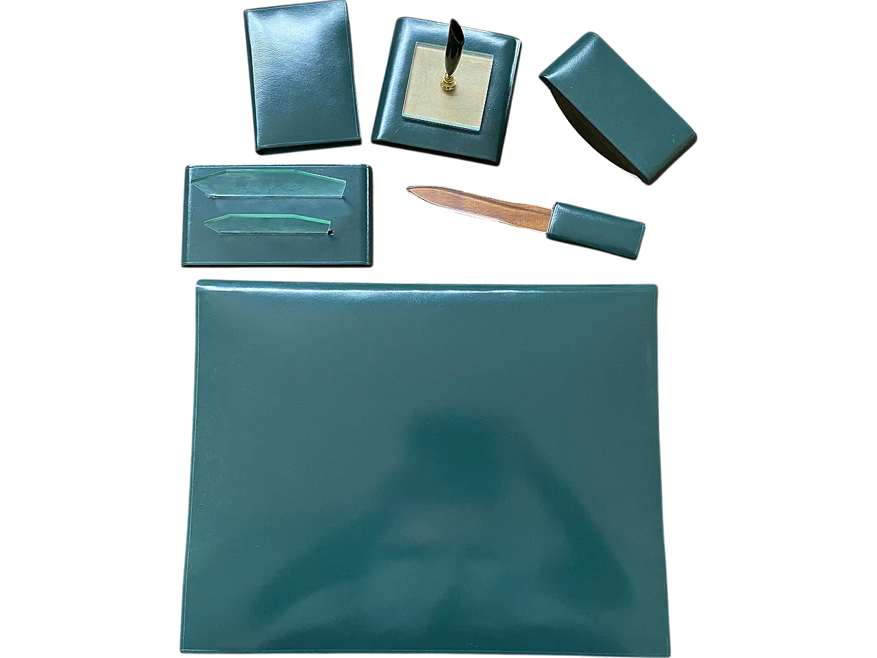 Green leather desk set, 60s 7