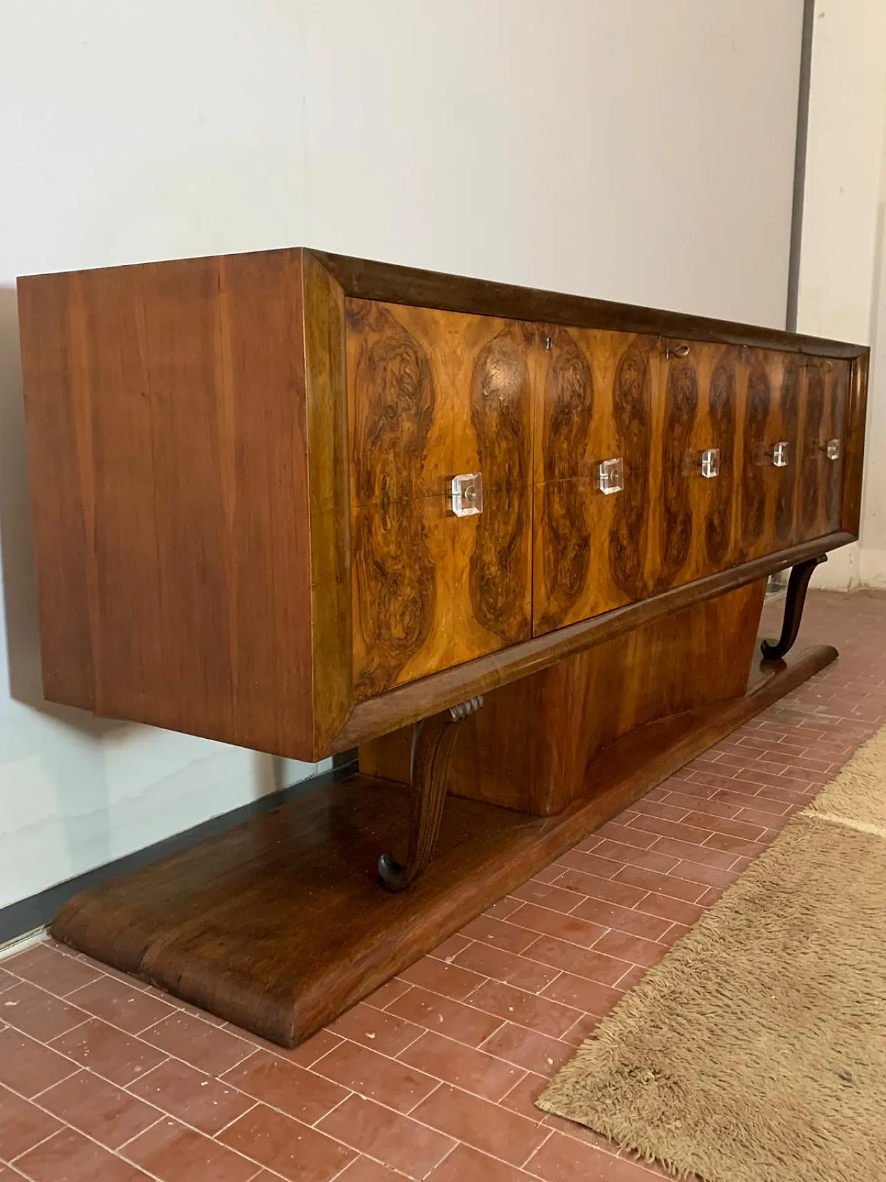 Sideboard in Walnut with Marble Top & Crystal Handles, 1940s 11