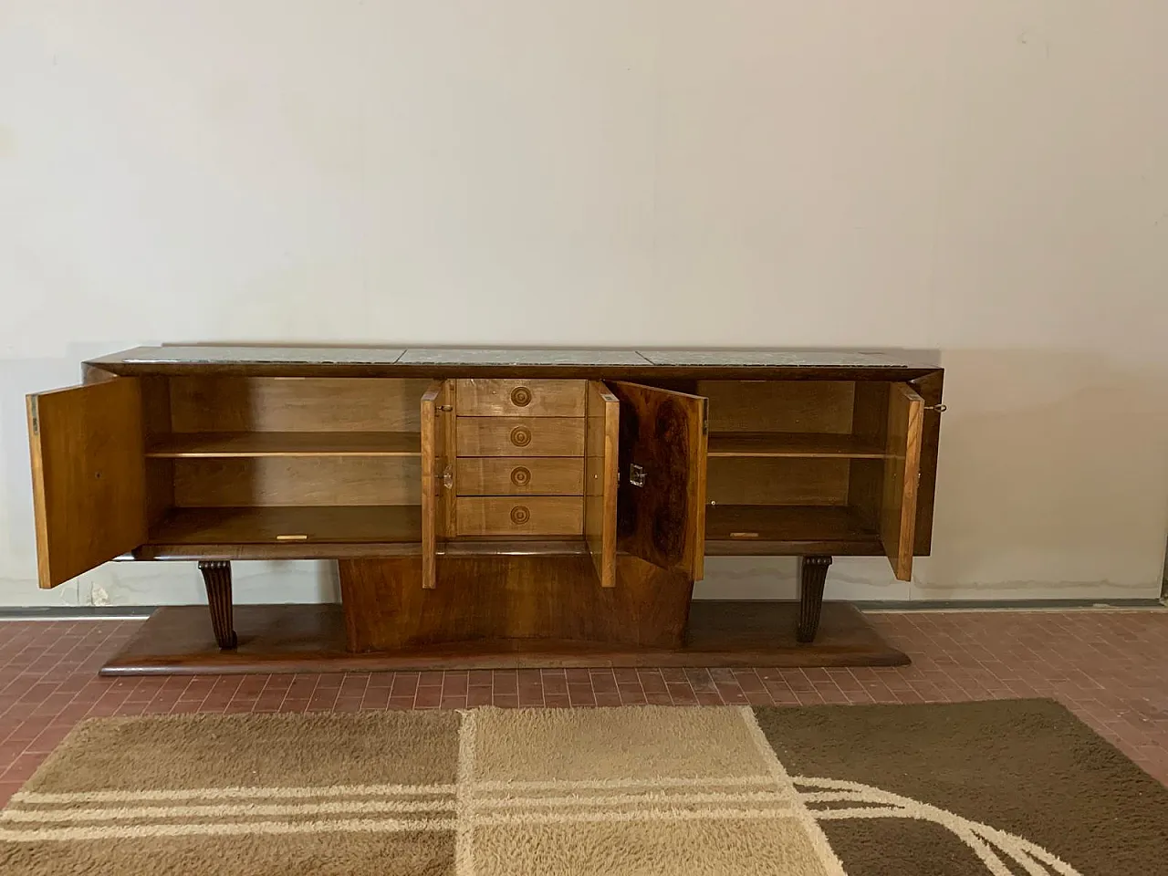 Sideboard in Walnut with Marble Top & Crystal Handles, 1940s 14