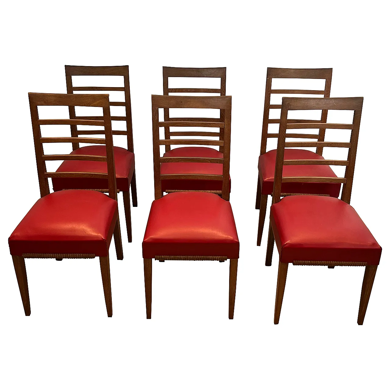 6 oak chairs with 4 faux leather seats, 1940s 1