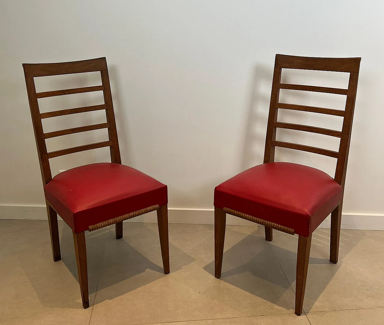 6 oak chairs with 4 faux leather seats, 1940s 2