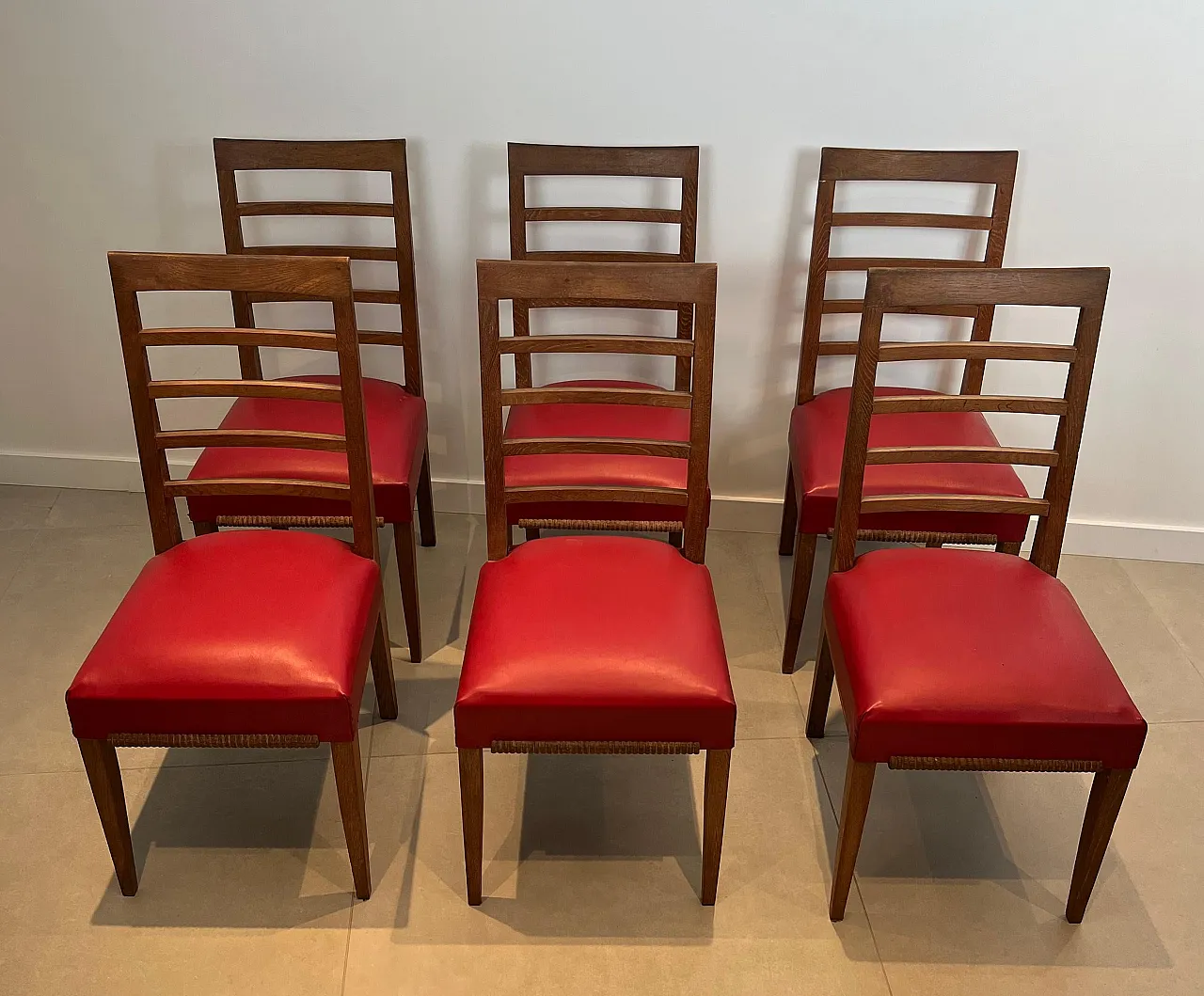 6 oak chairs with 4 faux leather seats, 1940s 12