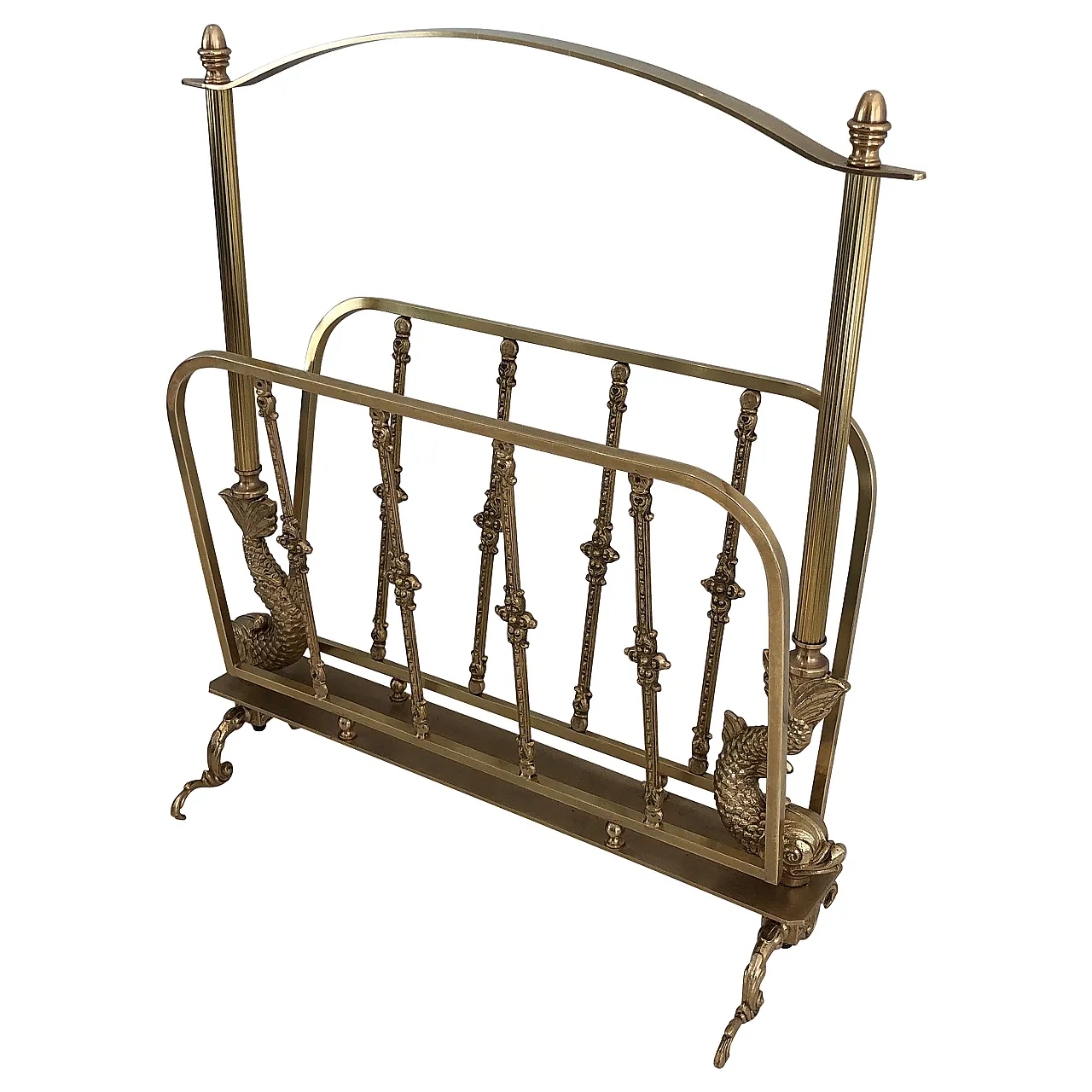 Brass magazine rack with dolphin heads by Maison Jansen, 1940s 1