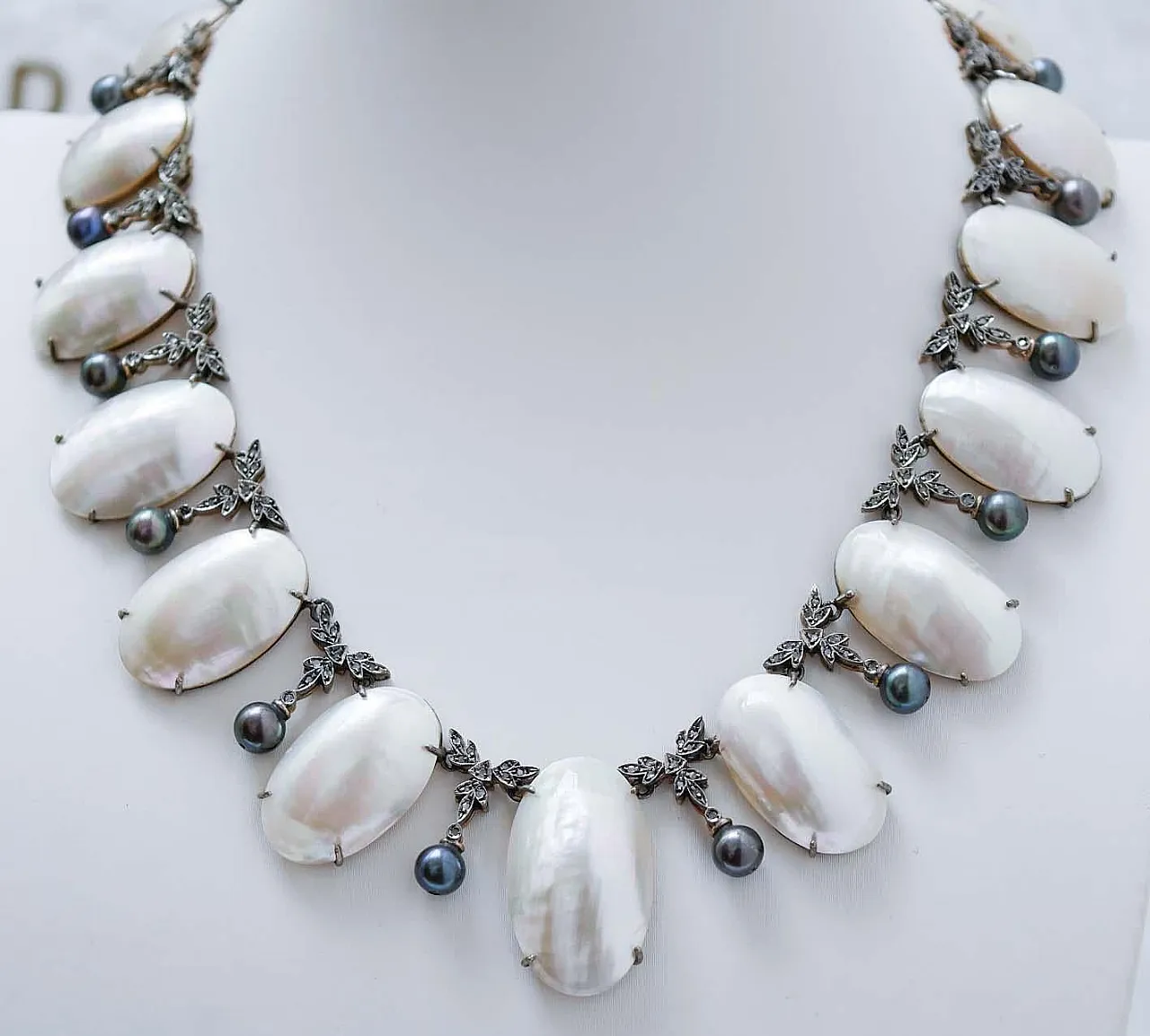 Mabé pearl necklace, diamonds, grey pearls, gold and silver, 1950s 2