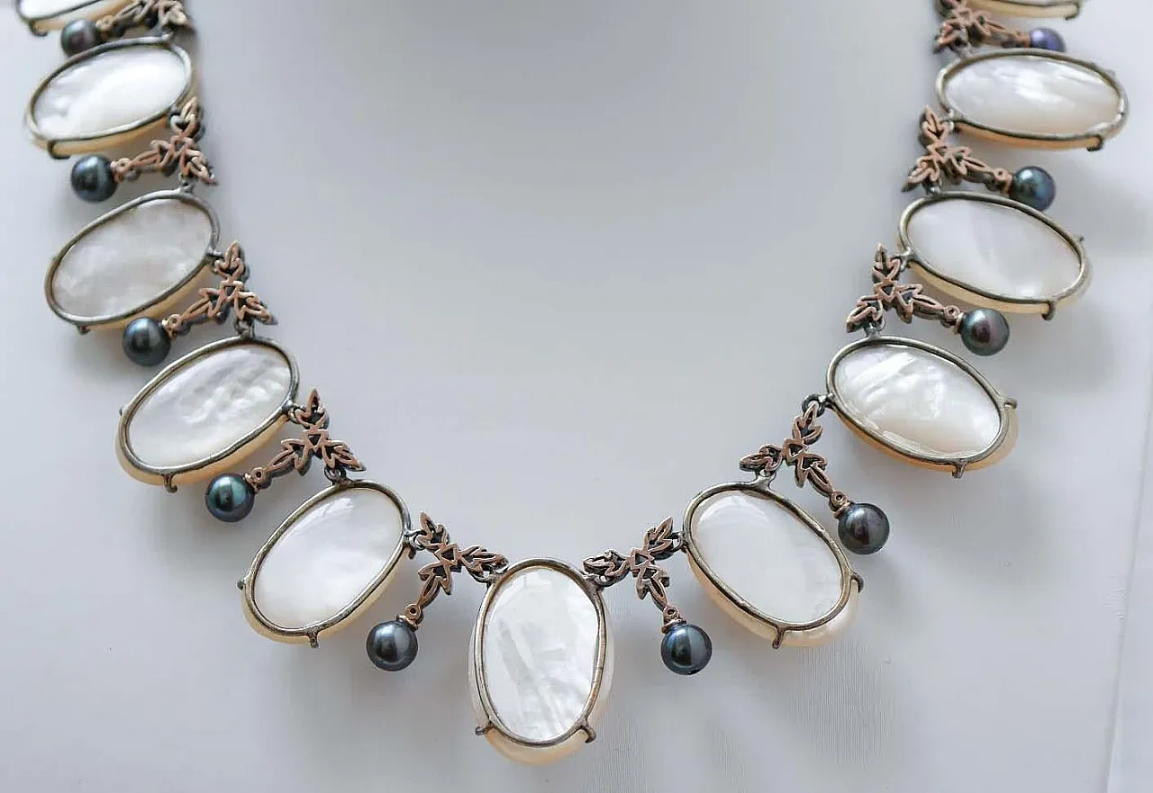 Mabé pearl necklace, diamonds, grey pearls, gold and silver, 1950s 4