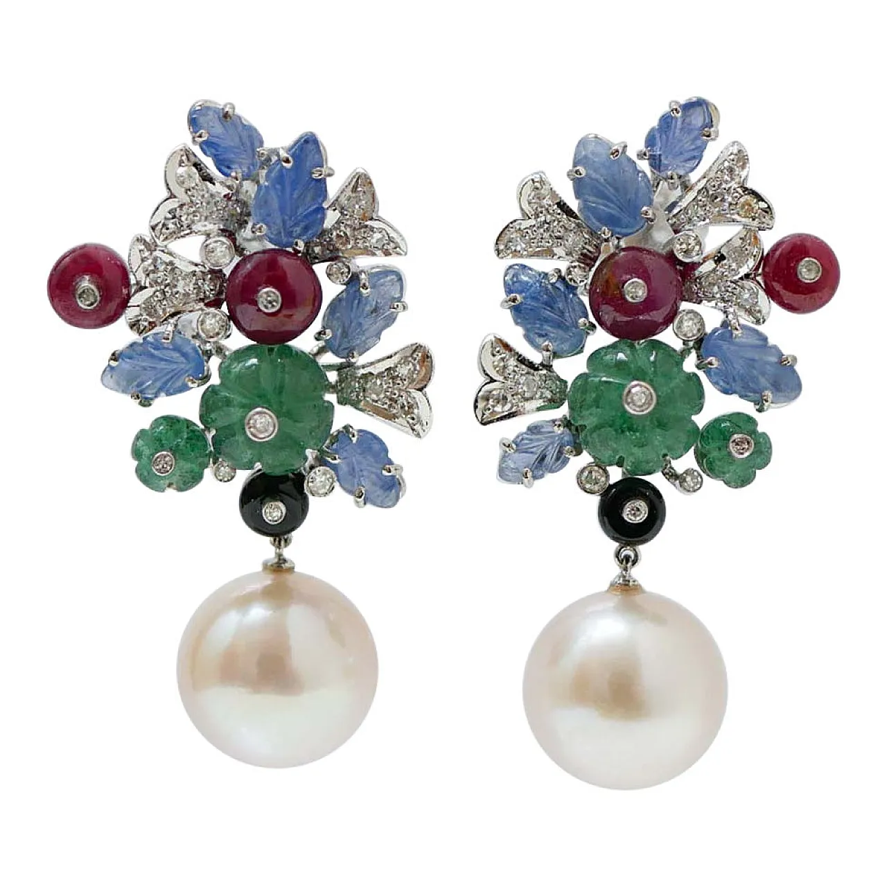 Platinum earrings with pearls, stones and diamonds, 1970s 1