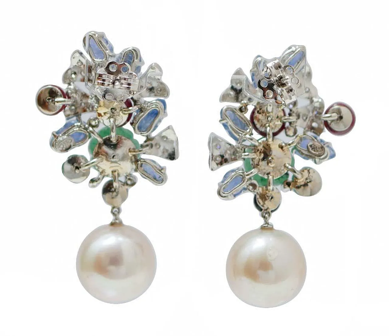 Platinum earrings with pearls, stones and diamonds, 1970s 3