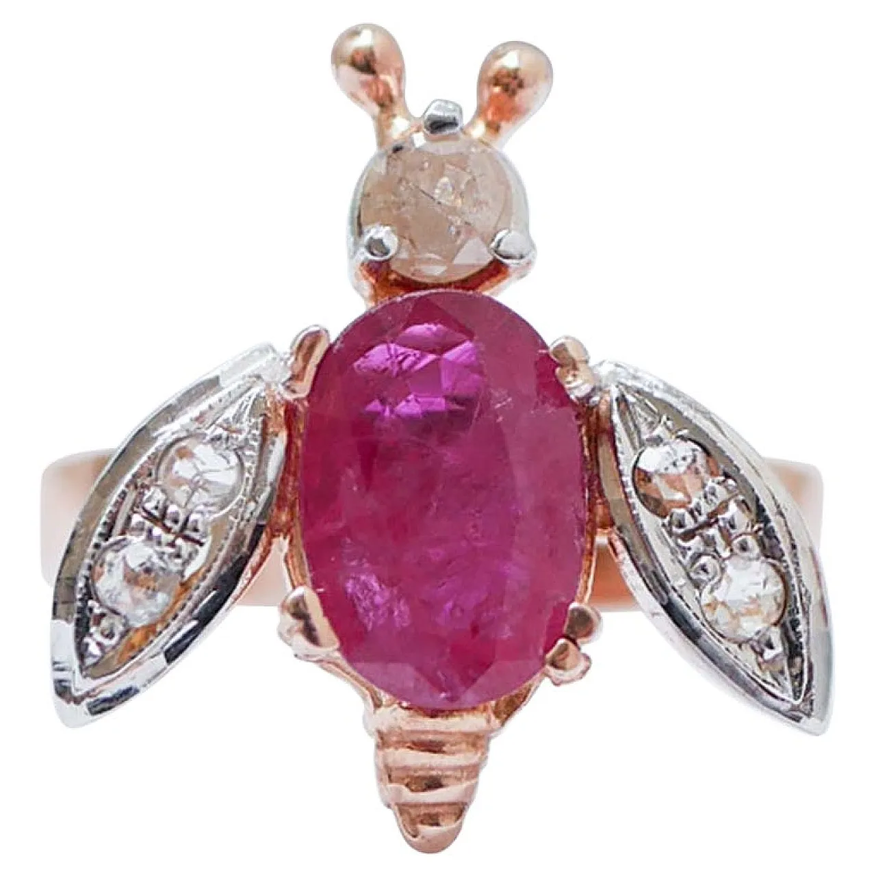 Ruby, diamond, rose gold and silver ring, 1970s 1