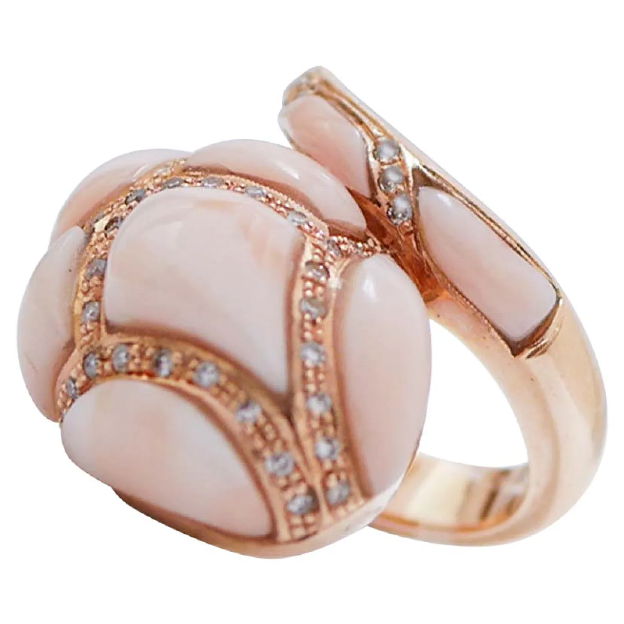 Coral, diamonds, 14 Karat rose gold snake ring, 1950s 1